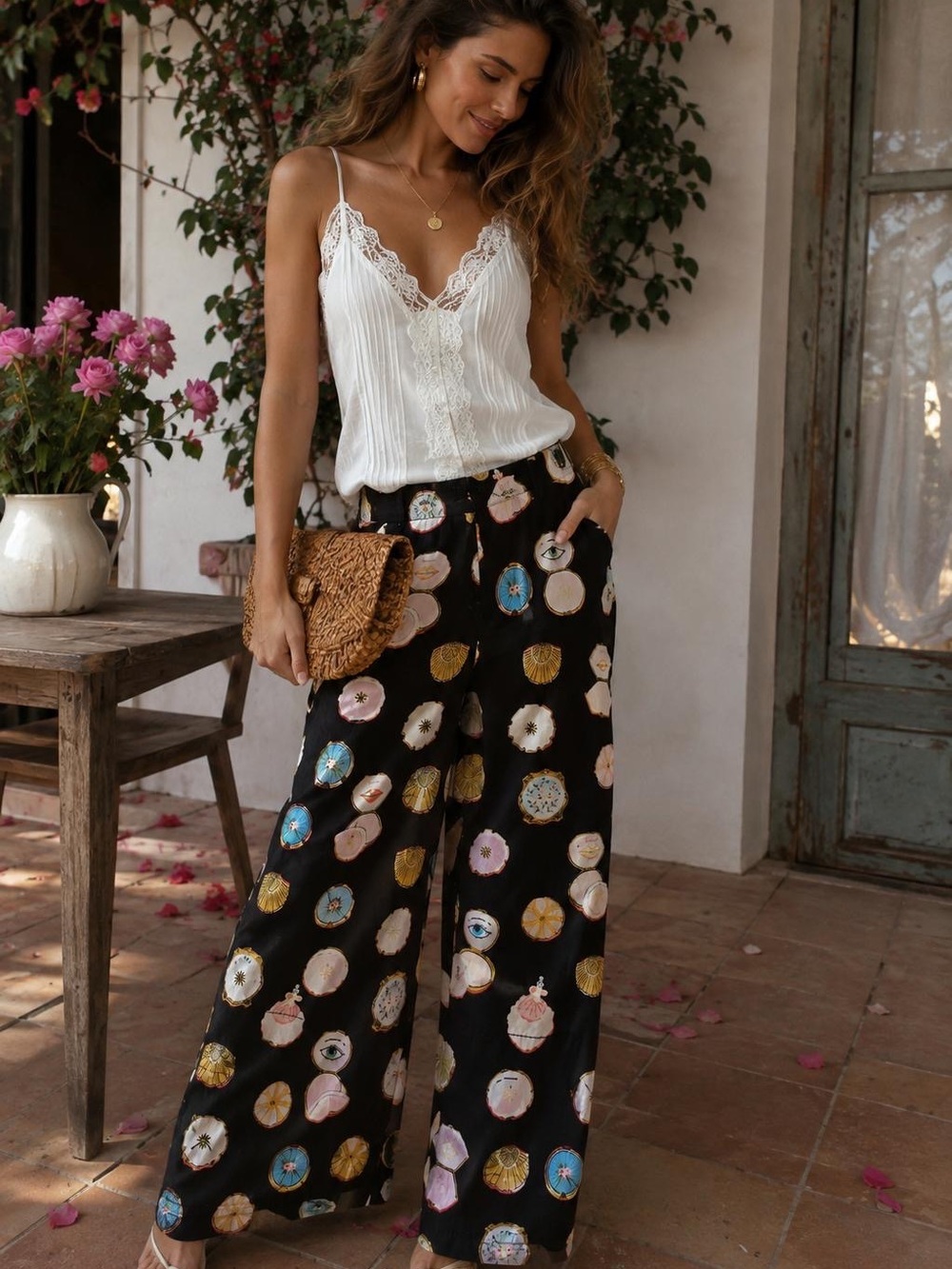 Anthropologie pant with Black Printed Wide-Leg Pants